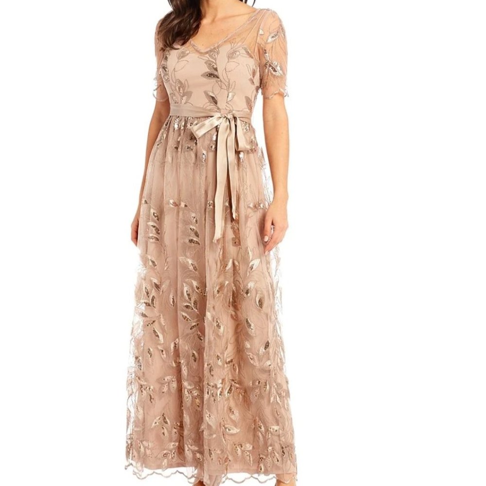 Adrianna Papell Embroidered Knit Long Ball Gown w/ Elbow Sleeves Brand NWT